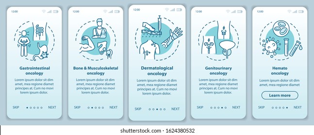 Oncology onboarding mobile app page screen with concepts. Cancer treatment walkthrough five steps graphic instructions. Genitourinary oncology. UI vector template with RGB color illustrations