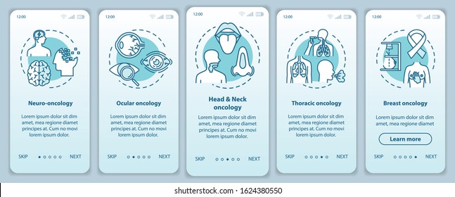 Oncology onboarding mobile app page screen with concepts. Thoracic cancer. Cancer treatment walkthrough five steps graphic instructions. Ocular oncology. UI vector template, RGB color illustrations