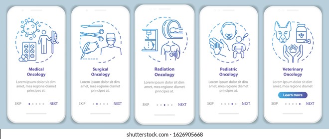 Oncology onboarding mobile app page screen with concepts. Cancer treatment walkthrough five steps graphic instructions. Medical oncology. Surgery. UI vector template with RGB color illustrations