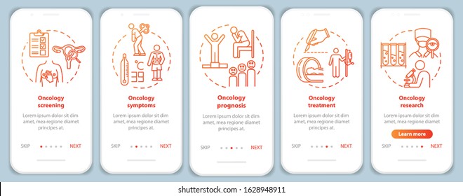 Oncology onboarding mobile app page screen with concepts. Cancer symptoms. Sickness prognosis. Illness treatment walkthrough five steps graphic instructions. UI vector template, RGB color illustration