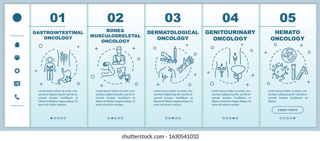 Oncology onboarding vector template. Bone and musculoskeletal cancer. Gastrointestinal oncology. Responsive mobile website with icons. Webpage walkthrough step screens. RGB color concept