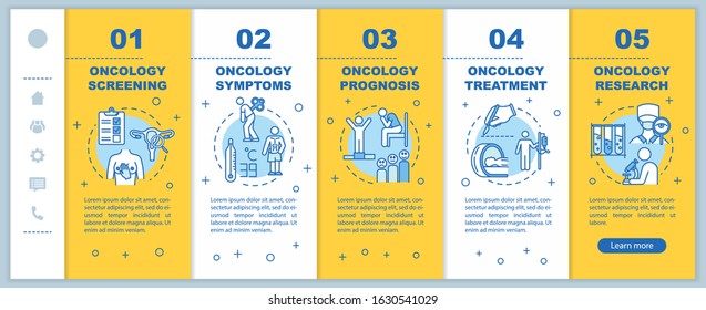 Oncology onboarding vector template. Illness research and treatment. Responsive mobile website with icons. Cancer symptoms and prognosis. Webpage walkthrough step screens. RGB color concept