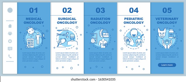 Oncology onboarding vector template. Surgical and radiation cancer treatment. Responsive mobile website with icons. Medical and veterinary oncology. Webpage walkthrough step screens. RGB color concept