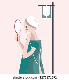 Oncology patient or cancer patient flat composition with young woman with mirror after surgery or chemotherapy. She looks sad ,ill, depressed,worried or concerned on her sickness.vector illustration .