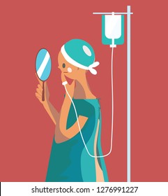 Oncology Patient Or Cancer Patient Flat Composition With Young Woman With Mirror After Surgery Or Chemotherapy. She Looks Sad ,ill, Depressed,worried Or Concerned On Her Sickness.vector Illustration .