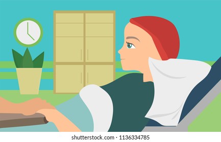 Oncology patient flat composition with young woman lying in medical bed after surgery vector illustration