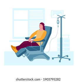 Oncology patient having a chemotherapy. Woman with cancer gets a drip. Vector concept of cancer treatment and medicine. Illustration in flat cartoon style.