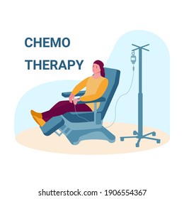 Oncology patient having a chemotherapy. Woman with cancer gets a drip. Vector concept of cancer treatment and medicine. Illustration in flat cartoon style.