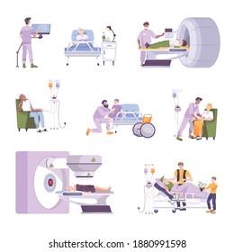 Oncology patients during mri scan radiotherapy chemotherapy kids in children cancer ward flat icons set vector illustration