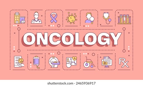 Concepto de palabra rosa de oncología. Diagnóstico y tratamiento del cáncer. Quimioterapia. Atención médica. Anuncio tipográfico. Ilustración vectorial con texto de título, color de íconos editables. Hubot Sans fuente utilizada