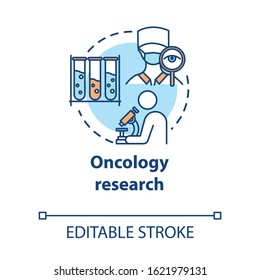 Oncology research concept icon. Laboratory chemical analysis. Medical study. Biotechnological experiments idea thin line illustration. Vector isolated outline RGB color drawing. Editable stroke