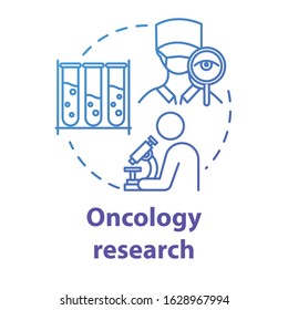 Oncology research concept icon. Laboratory chemical analysis. Medical study. Biotechnological experiments idea thin line illustration. Vector isolated outline RGB color drawing
