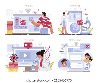 Oncology research online service or platform set. Cancer modern diagnostic and treatment. Oncology chemotherapy, tumor biopsy. Online forum, video blog, mobile app, website. Flat vector illustration