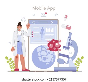 Oncology research online service or platform. Cancer modern diagnostic and treatment. Oncology chemotherapy, tumor biopsy. Mobile app. Flat vector illustration
