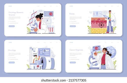 Oncology Research Web Banner Or Landing Page Set. Cancer Disease Modern Diagnostic And Treatment. Preventive Oncology Scientist. Oncology Chemotherapy, Tumor Biopsy. Flat Vector Illustration