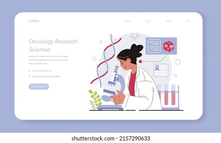 Oncology research web banner or landing page. Cancer disease modern diagnostic and treatment. Preventive oncology scientist. Oncology chemotherapy, tumor biopsy. Flat vector illustration