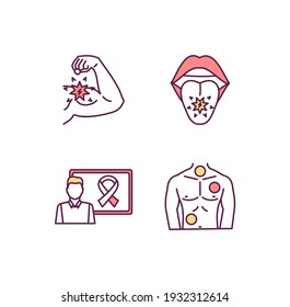 Oncology RGB Color Icons Set. Biceps Muscle Metastasis. Cancer-related Awareness Ribbon. Tumor Development. Oropharyngeal, Oral Cavity Cancer. Benign, Malignant Tumors. Isolated Vector Illustrations