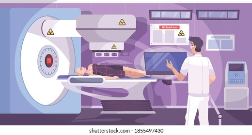 Oncology Technician Administers Radiation Therapy Radiotherapy Treatment To Female Bald Cancer Patient Horizontal Flat Composition Vector Illustration  