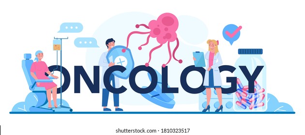 Oncology typographic header. Cancer disease diagnostic and treatment. Oncology chemotherapy, biopsy, tumor removal. Isolated flat vector illustration