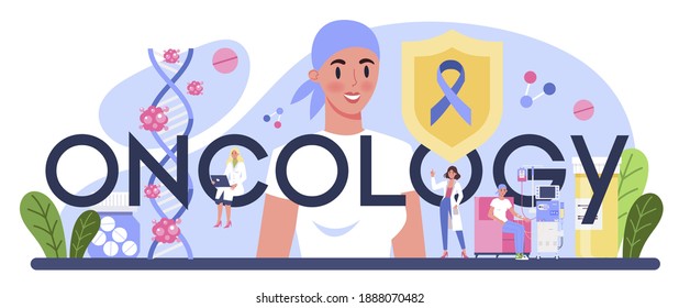 Oncology typographic header. Cancer disease diagnostic and treatment. Oncology chemotherapy, biopsy, tumor removal surgery. Isolated flat vector illustration