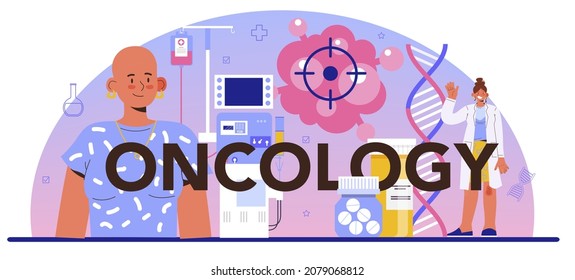 Oncology typographic header. Cancer disease diagnostic and treatment. Oncology chemotherapy, biopsy, tumor removal surgery. Isolated flat vector illustration