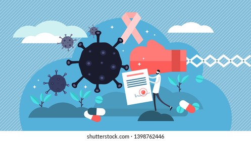 Oncology vector illustration. Flat tiny cancer disease research persons concept. Abstract symbolic fight against illness with pharmacy pills and medicine. Radiology diagnosis and sickness therapy.