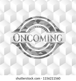 Oncoming grey badge with geometric cube white background