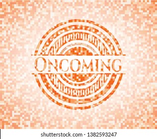 Oncoming orange tile background illustration. Square geometric mosaic seamless pattern with emblem inside.