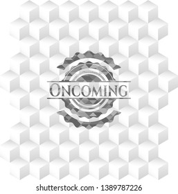 Oncoming realistic grey emblem with cube white background