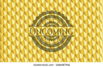 Oncoming shiny golden emblem. Scales pattern. Vector Illustration. Detailed.