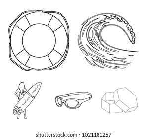 Oncoming wave, life ring, goggles, girl surfing. Surfing set collection icons in outline style vector symbol stock illustration web.