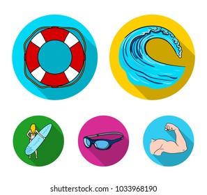 Oncoming wave, life ring, goggles, girl surfing. Surfing set collection icons in flat style vector symbol stock illustration web.