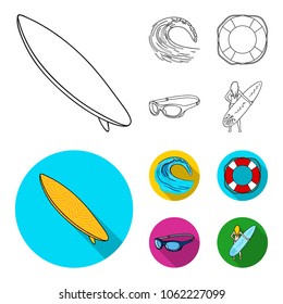 Oncoming wave, life ring, goggles, girl surfing. Surfing set collection icons in outline,flat style vector symbol stock illustration web.