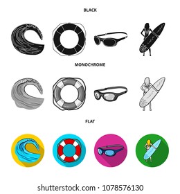 Oncoming wave, life ring, goggles, girl surfing. Surfing set collection icons in black, flat, monochrome style vector symbol stock illustration web.