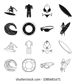 Oncoming wave, life ring, goggles, girl surfing. Surfing set collection icons in black,outline style vector symbol stock illustration web.