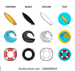 Oncoming wave, life ring, goggles, girl surfing. Surfing set collection icons in cartoon,black,outline,flat style vector symbol stock illustration web.