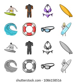 Oncoming wave, life ring, goggles, girl surfing. Surfing set collection icons in cartoon,monochrome style vector symbol stock illustration web.