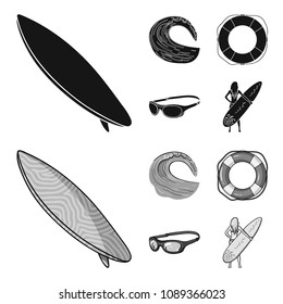 Oncoming wave, life ring, goggles, girl surfing. Surfing set collection icons in black,monochrom style vector symbol stock illustration web.