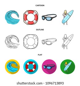 Oncoming wave, life ring, goggles, girl surfing. Surfing set collection icons in cartoon,outline,flat style vector symbol stock illustration web.