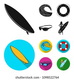 Oncoming wave, life ring, goggles, girl surfing. Surfing set collection icons in black, flat style vector symbol stock illustration web.