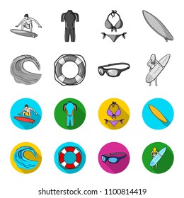 Oncoming wave, life ring, goggles, girl surfing. Surfing set collection icons in monochrome,flat style vector symbol stock illustration web.