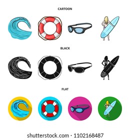 Oncoming wave, life ring, goggles, girl surfing. Surfing set collection icons in cartoon,black,flat style vector symbol stock illustration web.