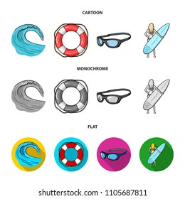 Oncoming wave, life ring, goggles, girl surfing. Surfing set collection icons in cartoon,flat,monochrome style vector symbol stock illustration web.