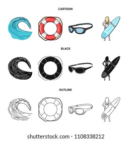 Oncoming wave, life ring, goggles, girl surfing. Surfing set collection icons in cartoon,black,outline style vector symbol stock illustration web.