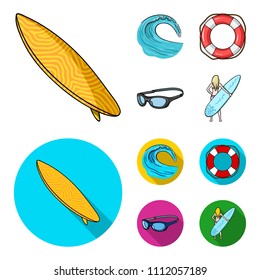 Oncoming wave, life ring, goggles, girl surfing. Surfing set collection icons in cartoon,flat style vector symbol stock illustration web.