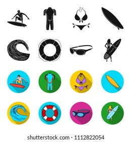 Oncoming wave, life ring, goggles, girl surfing. Surfing set collection icons in black,flet style vector symbol stock illustration web.