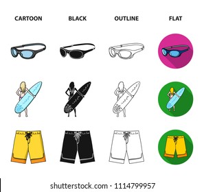 Oncoming wave, life ring, goggles, girl surfing. Surfing set collection icons in cartoon,black,outline,flat style vector symbol stock illustration web.