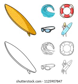 Oncoming wave, life ring, goggles, girl surfing. Surfing set collection icons in cartoon,outline style vector symbol stock illustration web.