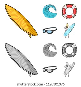 Oncoming wave, life ring, goggles, girl surfing. Surfing set collection icons in cartoon,monochrome style vector symbol stock illustration web.