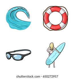 Oncoming wave, life ring, goggles, girl surfing. Surfing set collection icons in cartoon style vector symbol stock illustration web.